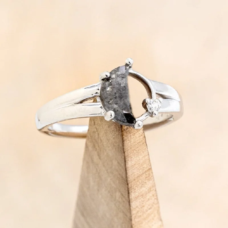 Engagement rings with custom-designed bands for unique, personal, and one-of-a-kind pieces -"NYX" - CRESCENT MOON SALT & PEPPER DIAMOND ENGAGEMENT RING WITH A SINGLE DIAMOND ACCENT