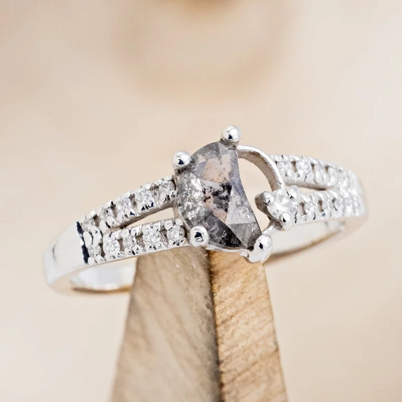 Modern engagement rings with minimalistic designs for couples who love simplicity -"NYX" - CRESCENT MOON SALT & PEPPER DIAMOND ENGAGEMENT RING WITH DIAMOND ACCENTS