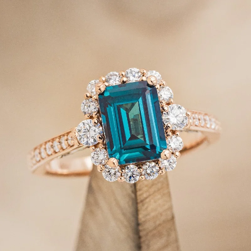 Engagement rings with rose gold bands for a romantic and warm look -"OPHELIA" - EMERALD CUT LAB-GROWN ALEXANDRITE ENGAGEMENT RING WITH DIAMOND HALO & ACCENTS