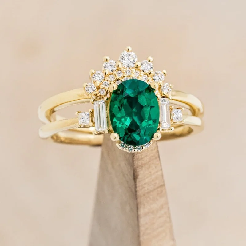 Engagement rings with innovative designs featuring tension or floating diamond settings -"ORNA" - OVAL LAB-GROWN EMERALD ENGAGEMENT RING WITH DIAMOND ACCENTS & TRACER