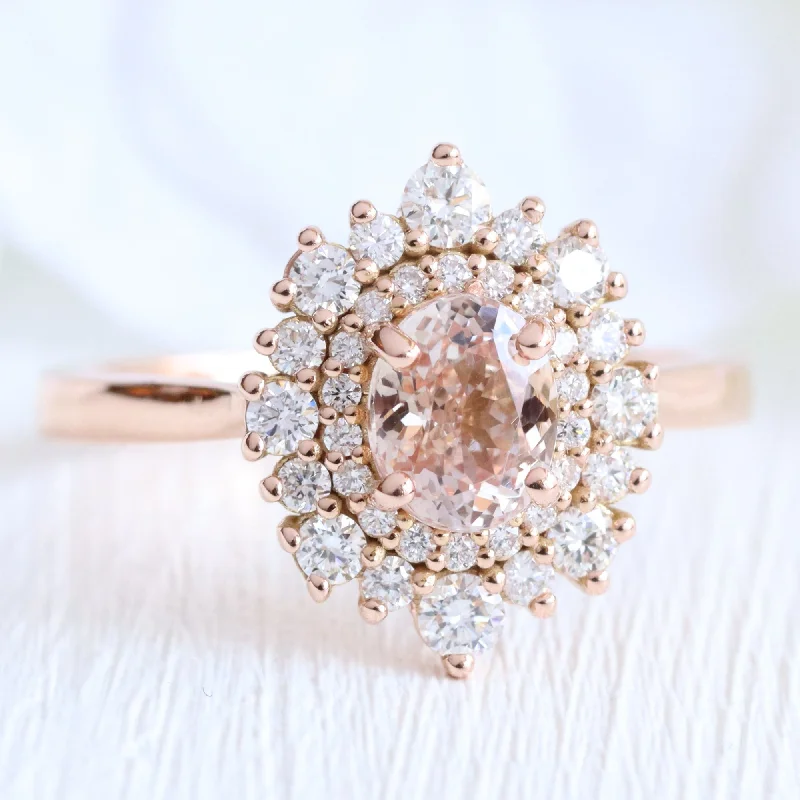 Unique engagement rings with floral settings for nature-inspired, feminine designs -Oval Pinkish Peach Sapphire Ring in 14k Rose Gold Double Halo Diamond, Size 6.5