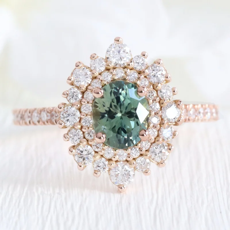 Yellow gold engagement rings for women who love classic, vintage-inspired designs -Oval Teal Green Sapphire Pave Ring in 14k Rose Gold Double Halo Diamond, Size 6.5