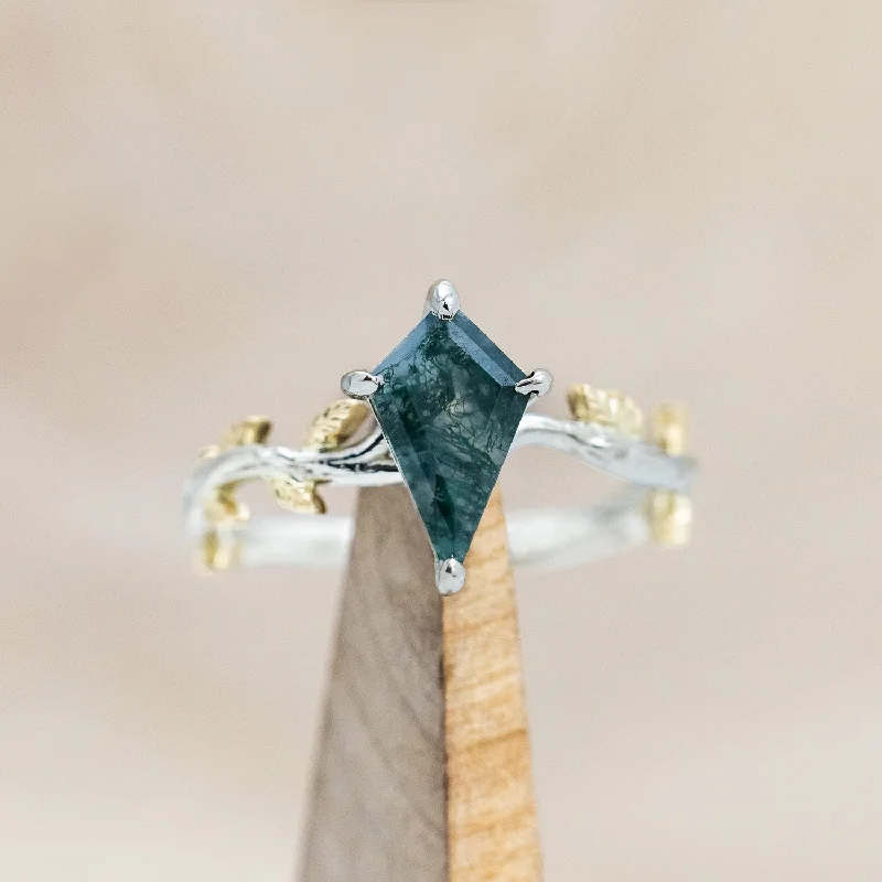 Custom engagement rings with personalized messages or coordinates engraved on the band -"PARISA " - TWO TONE KITE CUT MOSS AGATE ENGAGEMENT RING WITH LEAF ACCENTS