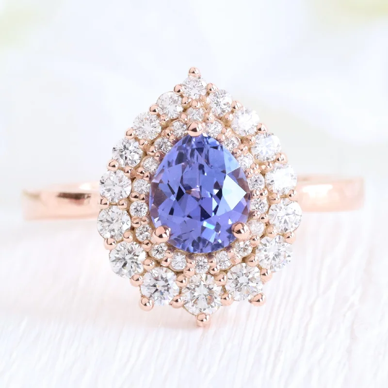 Stunning engagement rings with pear-shaped diamonds for a unique and romantic appeal -Pear Lavender Purple Sapphire Ring in 14k Rose Gold Double Halo Diamond, Size 6.5