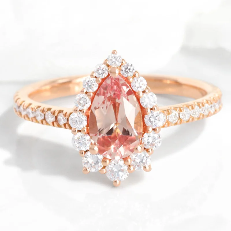 Engagement rings with tension settings for a futuristic, modern diamond display -Pear Champagne Peach Sapphire Ring in Tiara Halo Diamond Pave Band