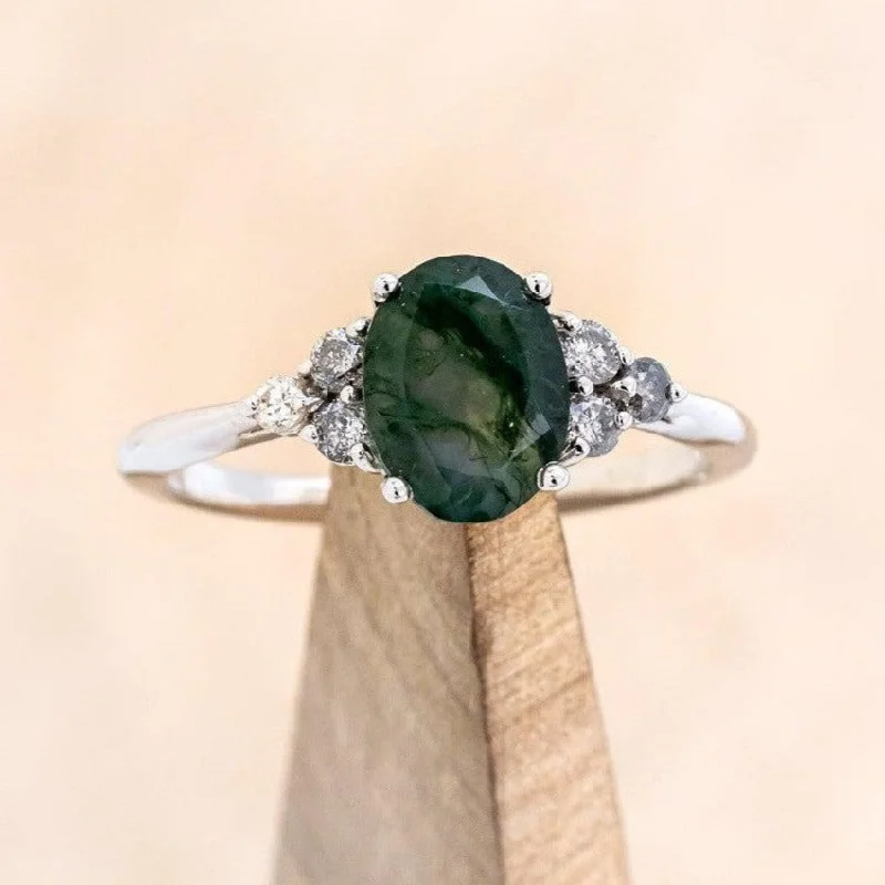 Engagement rings with square-shaped diamonds for a contemporary and sophisticated appearance -"RHEA" - OVAL CUT MOSS AGATE ENGAGEMENT RING WITH SALT & PEPPER DIAMOND ACCENTS