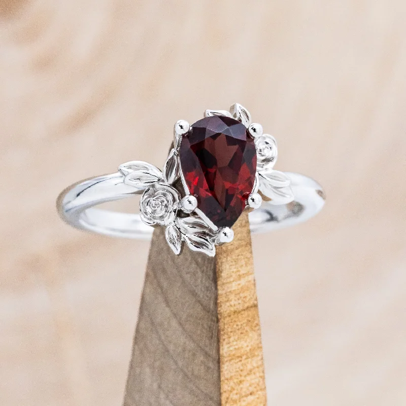 Vintage-inspired engagement rings with intricate detailing for romantic and nostalgic charm -"ROSA" - PEAR CUT MOZAMBIQUE GARNET ENGAGEMENT RING WITH FLOWER ACCENTS