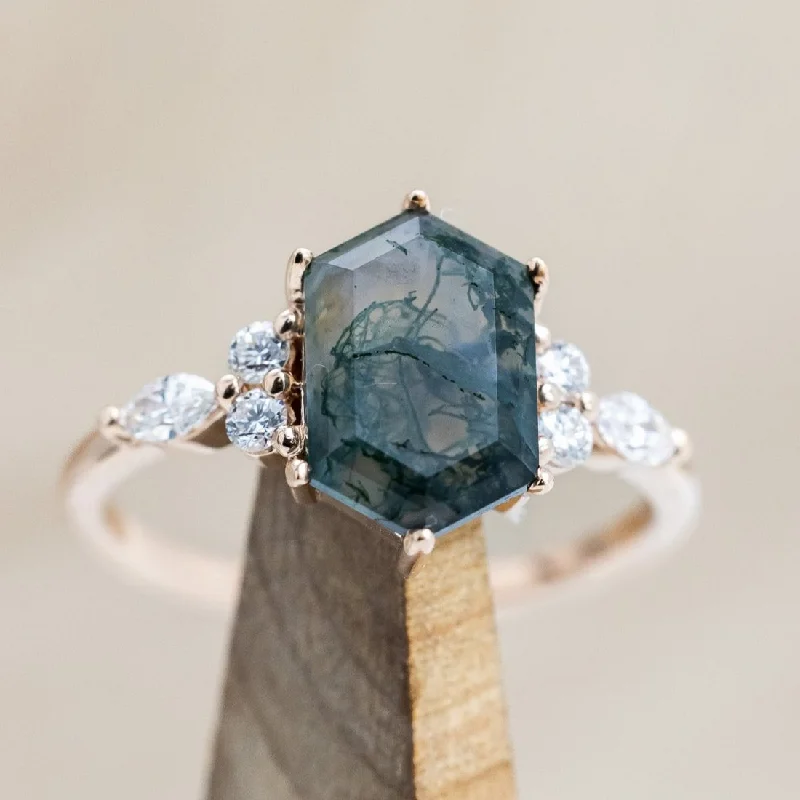 Affordable engagement rings with sapphires for a beautiful and colorful alternative to diamonds -"SAGE" - ELONGATED HEXAGON CUT MOSS AGATE ENGAGEMENT RING WITH DIAMOND ACCENTS