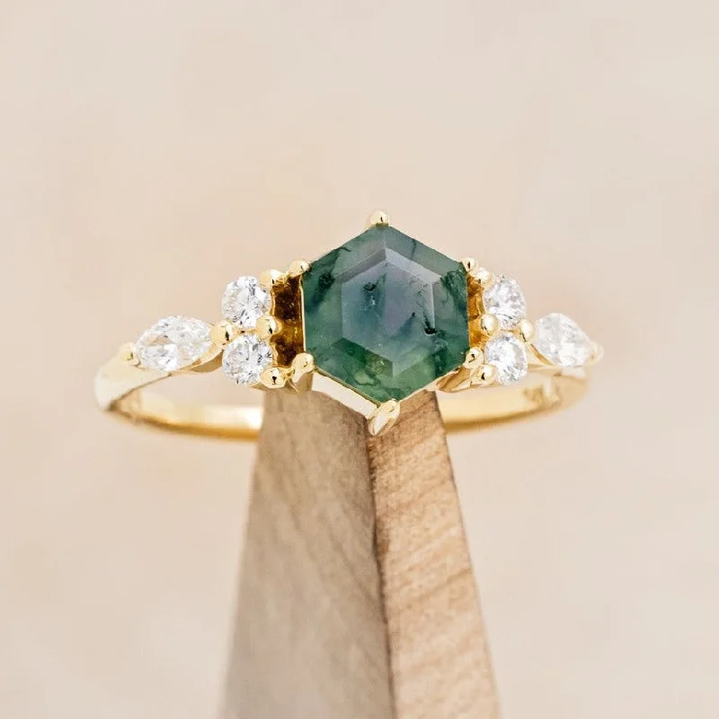 Simple engagement rings with round diamonds for timeless elegance and classic beauty -"SAGE" - HEXAGON CUT MOSS AGATE ENGAGEMENT RING WITH DIAMOND ACCENTS