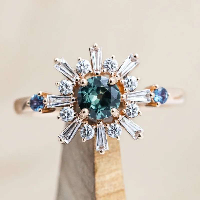 Non-diamond engagement rings with alternative gemstones like moissanite or aquamarine -"SEREN" - ROUND CUT MONTANA SAPPHIRE ENGAGEMENT RING WITH A DIAMOND HALO & SIDE LAB-GROWN ALEXANDRITE ACCENTS