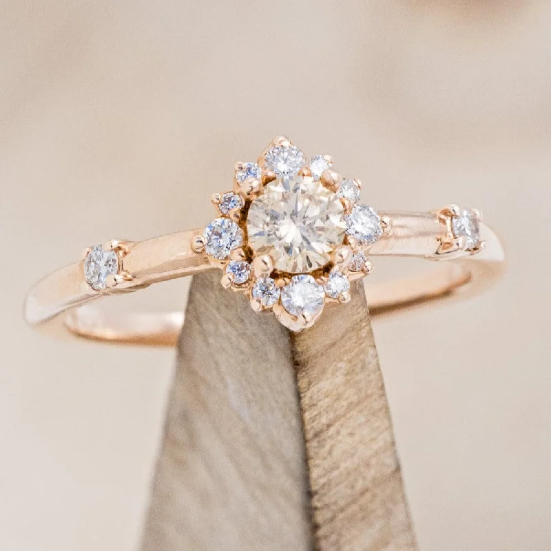 Elegant engagement rings with cathedral-style settings for an elevated, regal design -"STARLA" - ROUND CUT CHAMPAGNE DIAMOND ENGAGEMENT RING WITH STARBURST DIAMOND HALO