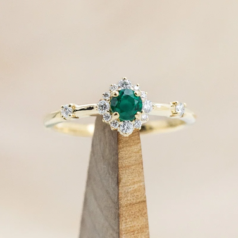 Rose gold engagement rings with romantic tones and vintage-inspired designs -"STARLA" - ROUND CUT LAB-GROWN EMERALD ENGAGEMENT RING WITH STARBURST DIAMOND HALO