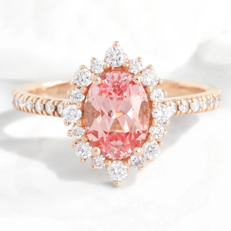 Engagement rings with three-stone settings symbolizing past, present, and future love -Oval Champagne Peach Sapphire Ring in Tiara Halo Diamond Pave Band