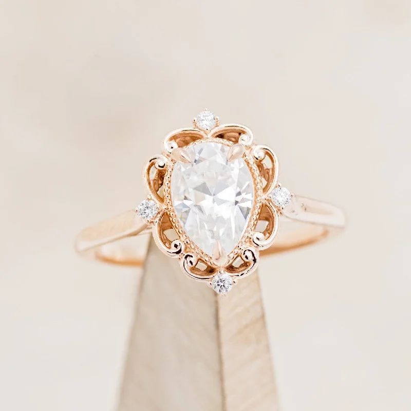 Custom engagement rings with ethically mined diamonds for an eco-conscious wedding -"VERA" - PEAR CUT MOISSANITE ENGAGEMENT RING WITH DIAMOND ACCENTS