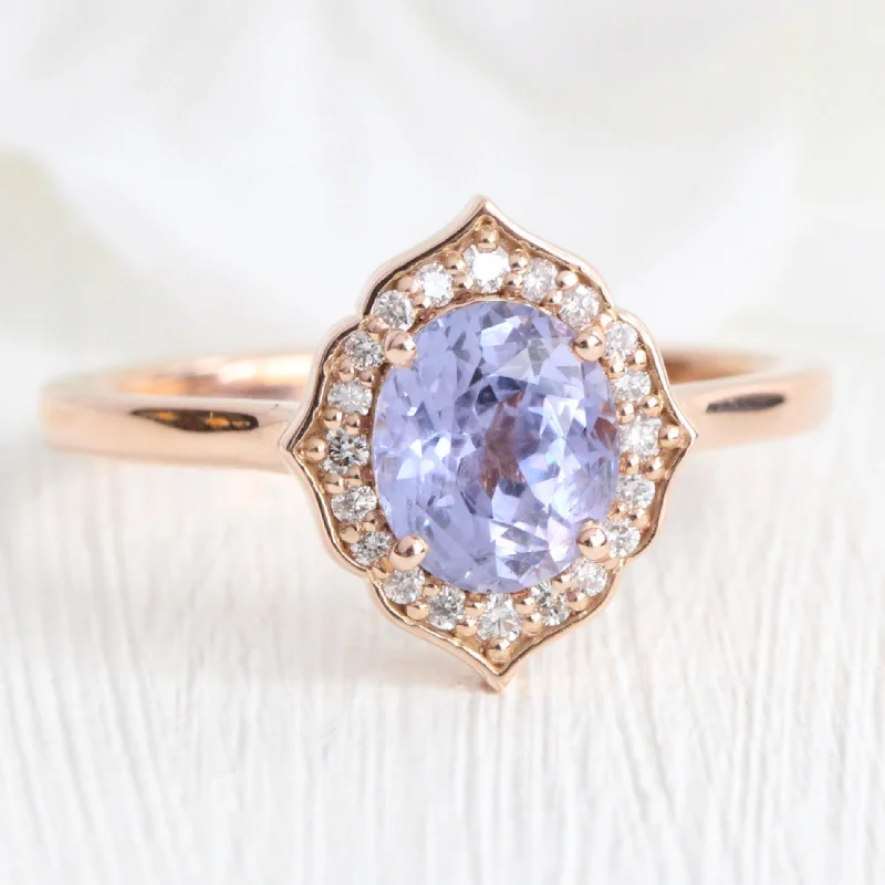 Elegant emerald-cut engagement rings for women who love bold, sophisticated styles -1.67 Ct Oval Lavender Sapphire Ring in 14k Rose Gold Vintage Floral Diamond, Size 6.5