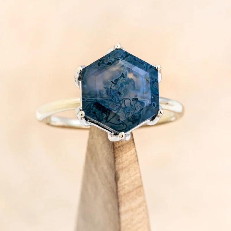 Stunning engagement rings with pear-shaped diamonds for a unique and romantic appeal -"WRENLEY" - PETAL PRONGS SOLITAIRE HEXAGON MOSS AGATE ENGAGEMENT RING