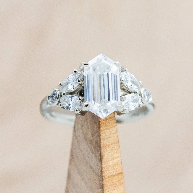 Unique engagement rings with artistic settings for women who love statement jewelry -"ZOE" - HEXAGON MOISSANITE ENGAGEMENT RING WITH ACCENTS