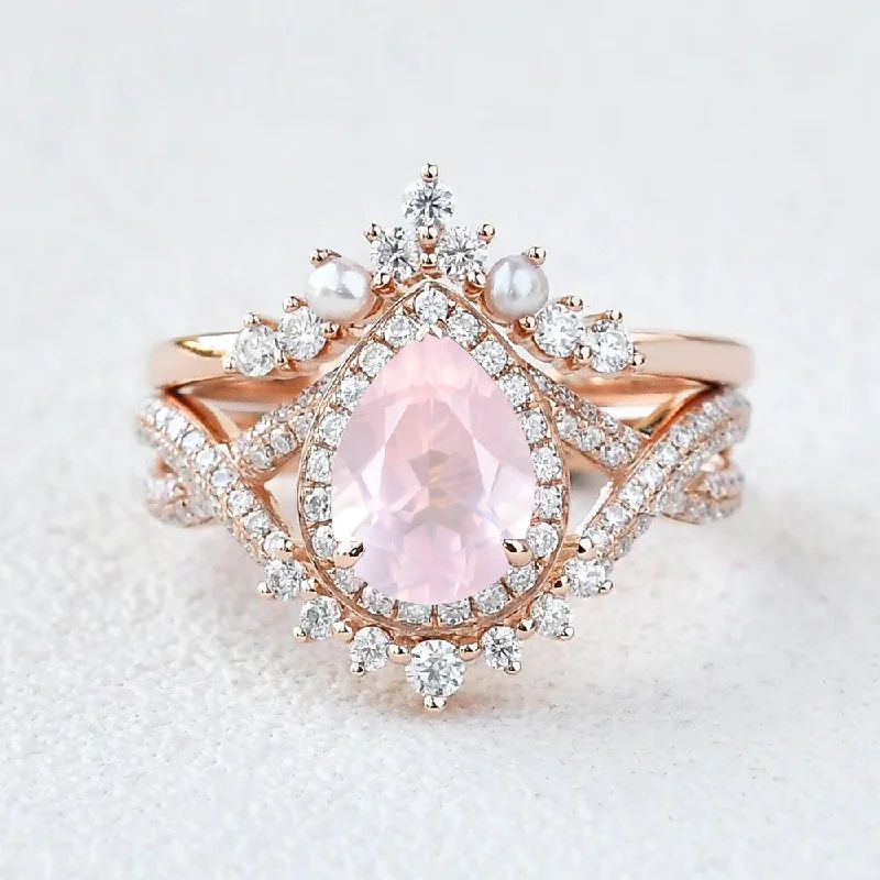 Rings with pave stones for extra finger dazzle -1.5ct Pear Rose Quartz Vintage Halo Infinity Ring Set 2pcs - Katherine