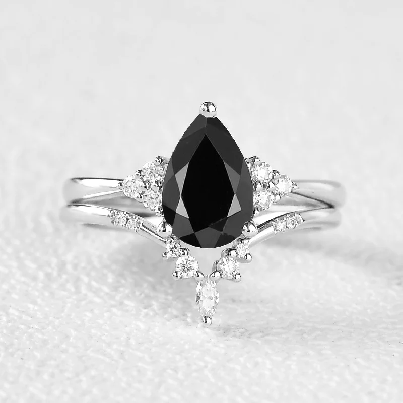 Birthstone rings with personal gemstone picks -1.5ct Pear Shaped Black Moissanite Ring Set 2pcs