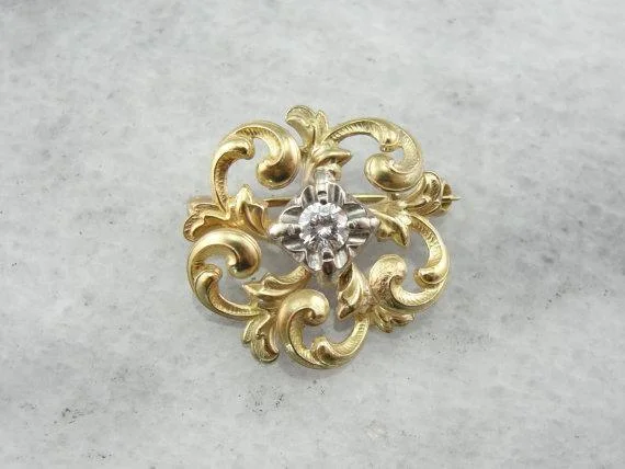 Curved brooches and pins with artistic stone designs -14K Gold Love Knot, Victorian Diamond Brooch