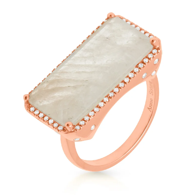 Gold rings adding bright shine to fingers -14KT Rose Gold Diamond Base Moonstone Ring