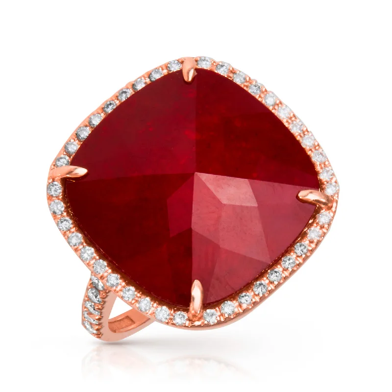 Rings perfect for travel with light wear -14KT Rose Gold Diamond Ruby Triplet Cushion Cut Cocktail Ring