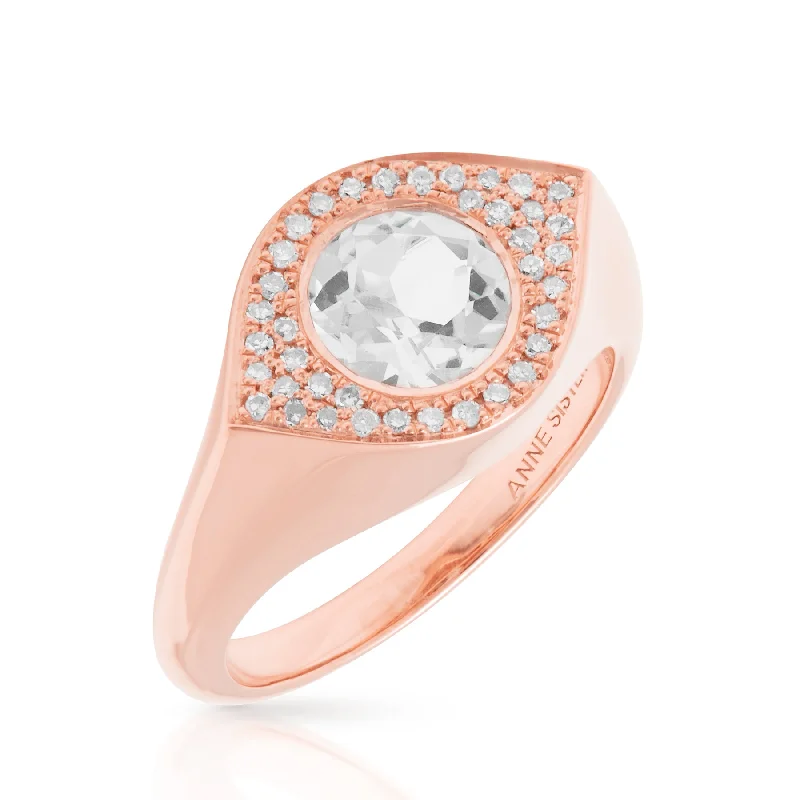 Sharp rings with modern cuts for elegance -14KT Rose Gold Topaz Diamond Evil Eye Signet Ring