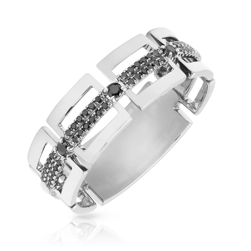 Secure rings with set stones for safety -14KT White Gold Black Diamond Ezra Band Ring