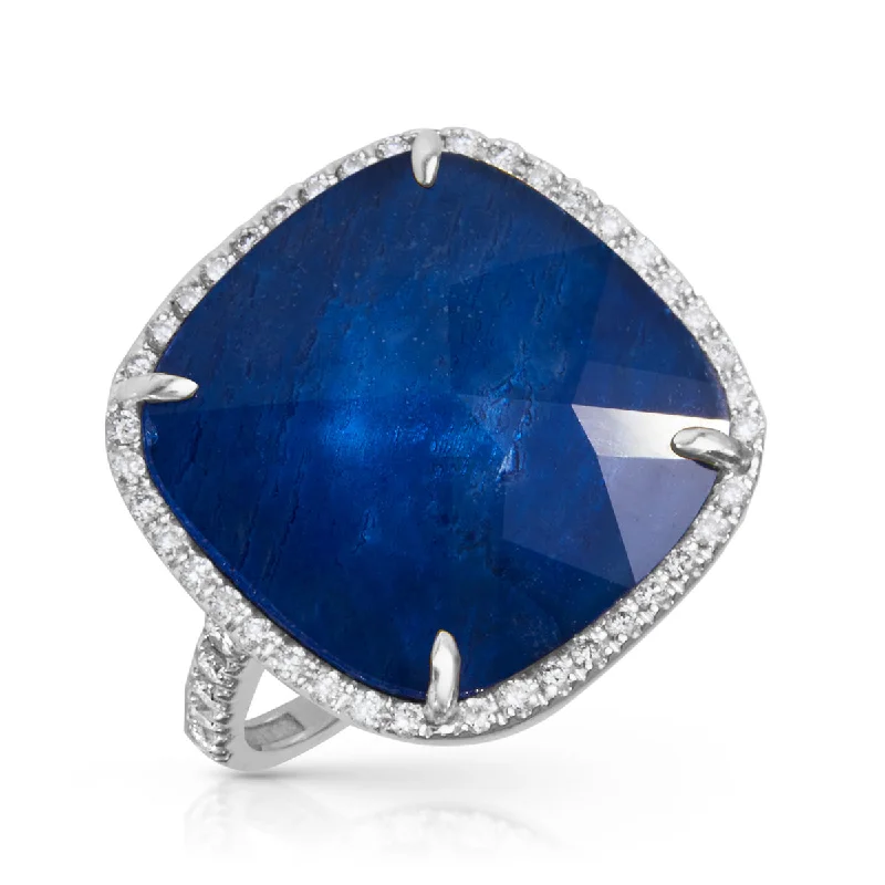 Open rings with airy bands for style -14KT White Gold Diamond Blue Sapphire Triplet Cushion Cut Cocktail Ring