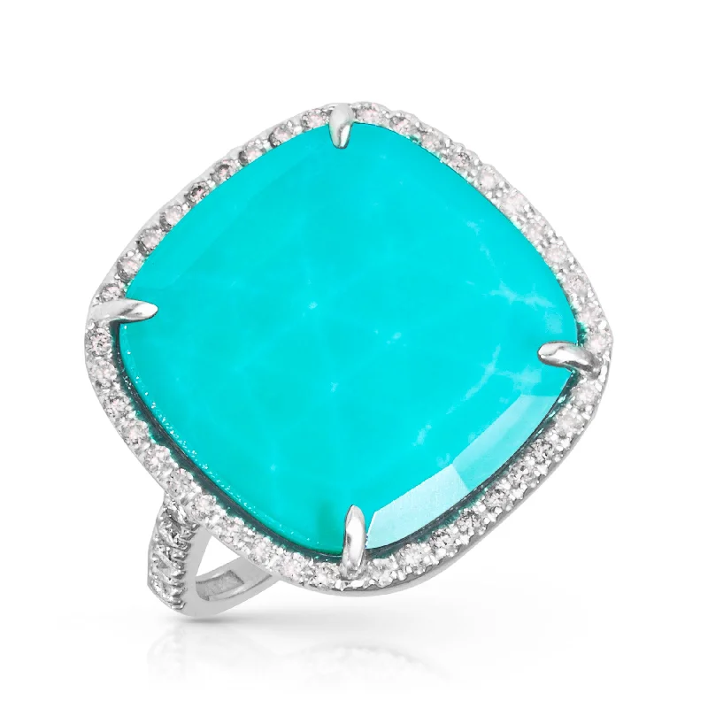 Rings made with lab-grown stones for ethics -14KT White Gold Diamond Turquoise Doublet Cushion Cut Cocktail Ring