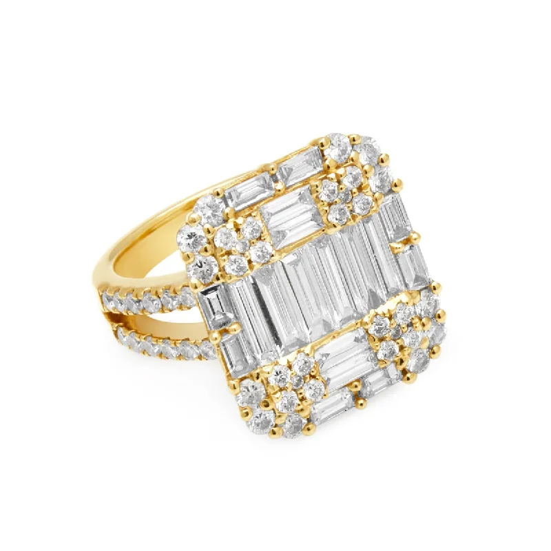 Etched rings with gem details for uniqueness -14KT Yellow Gold Baguette Diamond Renata Ring