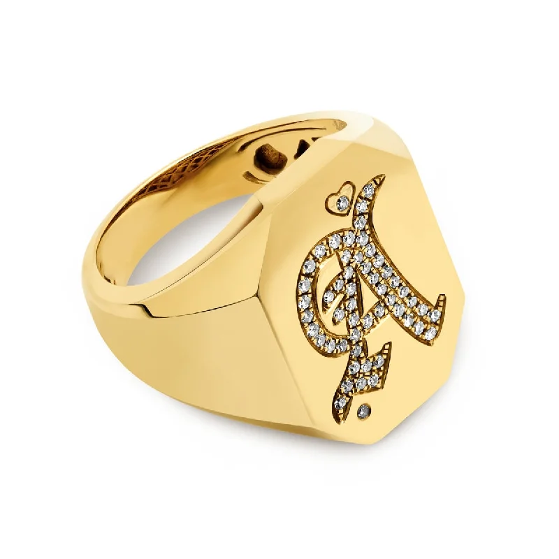 Heart rings with gem shapes for love -14KT Yellow Gold Diamond Initial Signet Ring