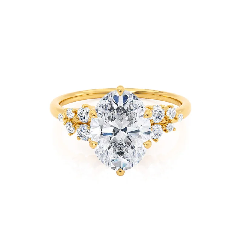 Diamond Rings for Engagement Ceremony-ALYA - Oval Diamond Starburst Cluster Shoulder Set 18k Yellow Gold Engagement Ring