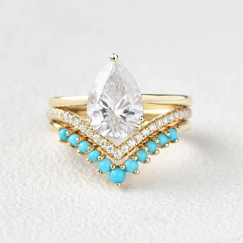 Rings featuring agate for banded gem beauty -2.0ct Art-Deco Pear Shaped Moissanite & Turquoise Ring Set 3pcs