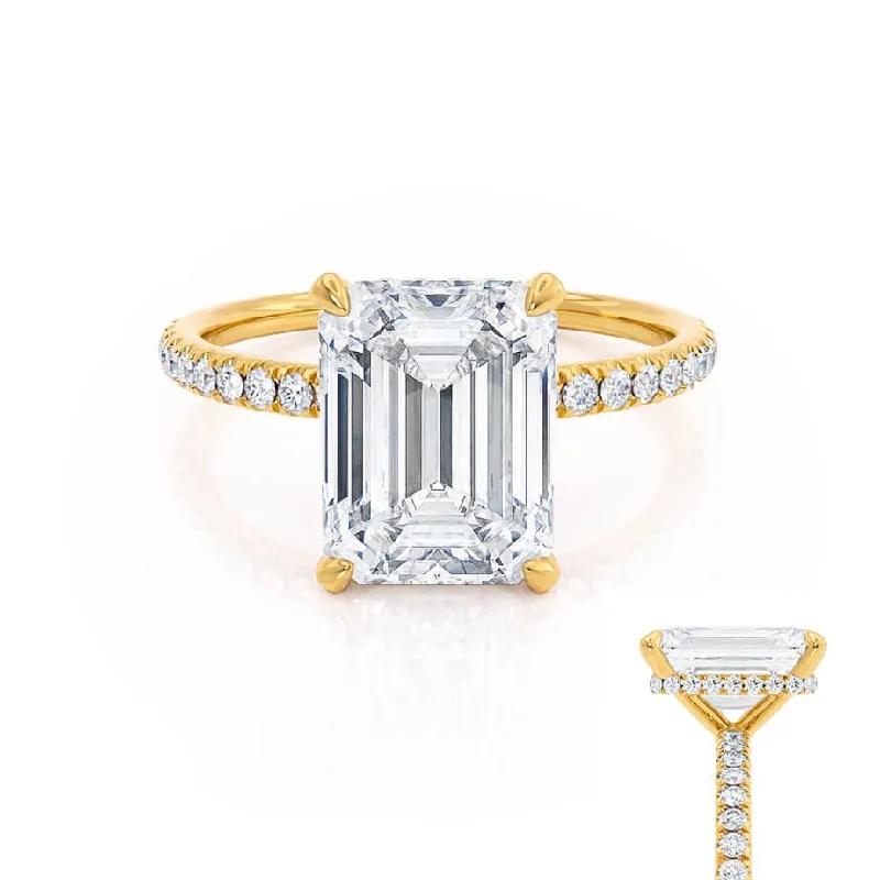 Diamond Rings with Coral Hue for Tropical Vibe-LIVELY - Emerald Diamond Petite Hidden Halo Pavé Shoulder Set 18k Yellow Gold Engagement Ring