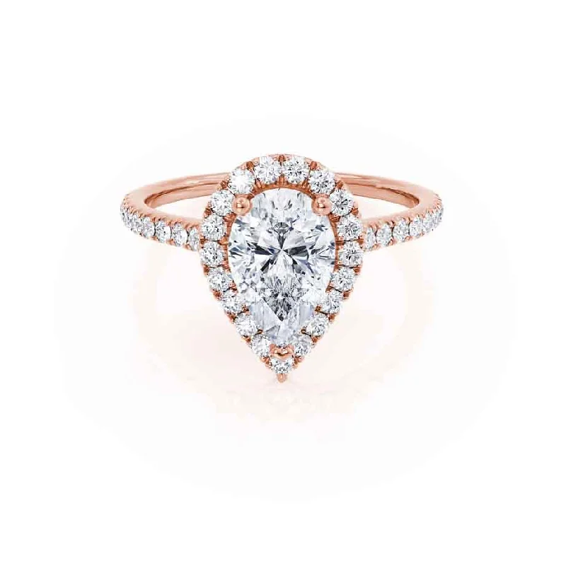 Diamond Rings for Designers' Inspiration-HARLOW - Pear Diamond Halo 18k Rose Gold Engagement Ring