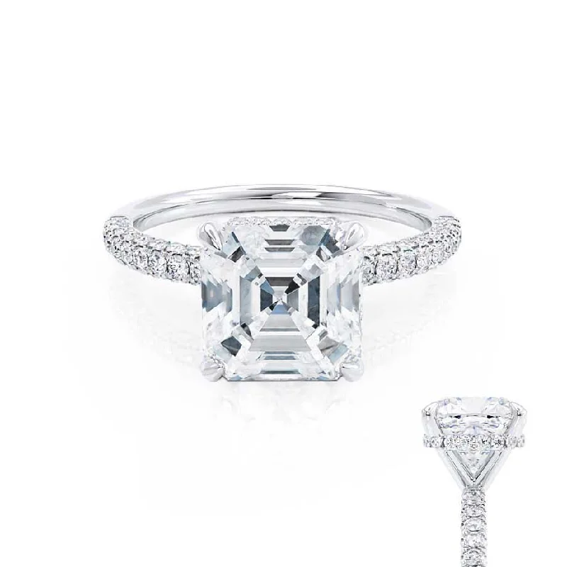 Diamond Rings with Side Stones for Added Detail-COCO - Asscher Diamond Hidden Halo Triple Pavé Shoulder Set 18k White Gold Engagement Ring