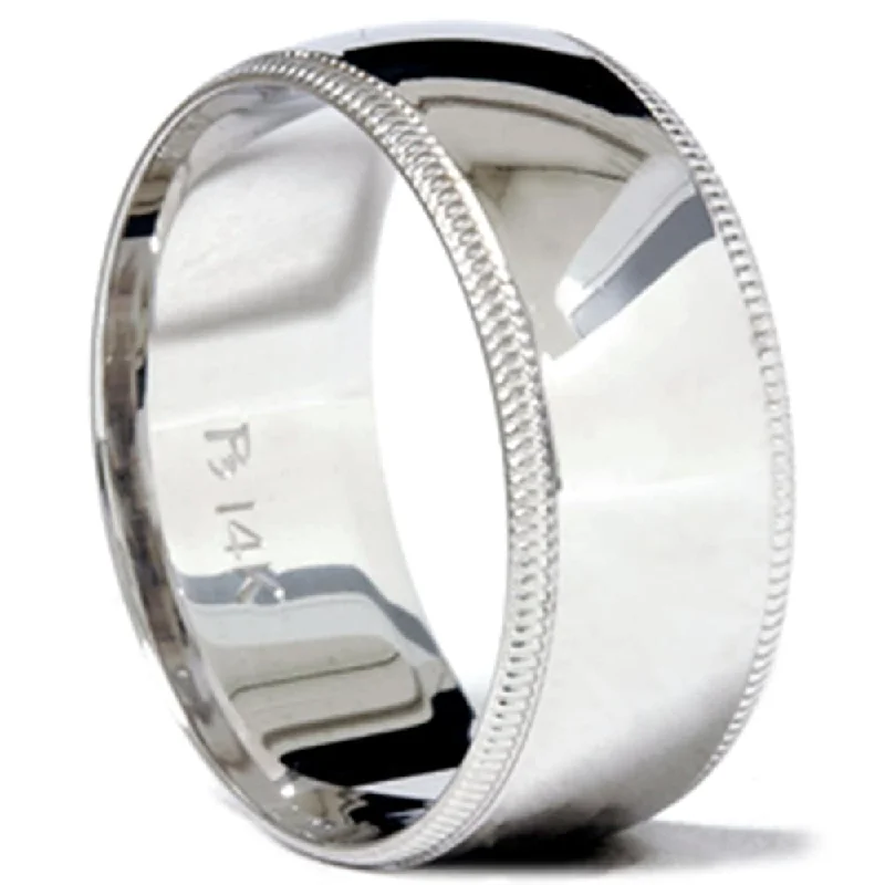 Open rings with airy bands for style -9mm Milgrain Mens Wedding Band 14K White Gold