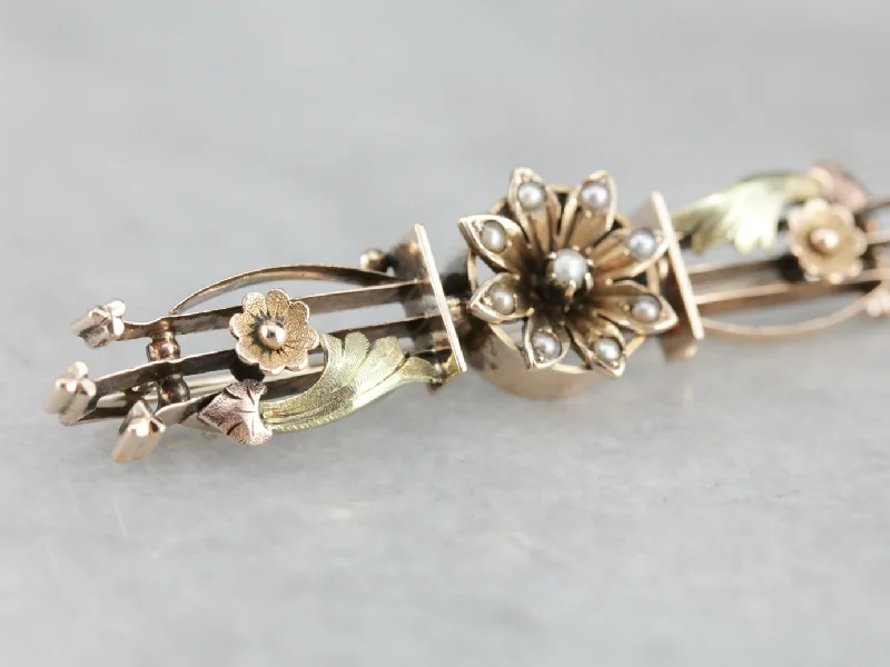 Brooches and pins featuring pearls for classic shine -Antique Floral Seed Pearl Bar Brooch