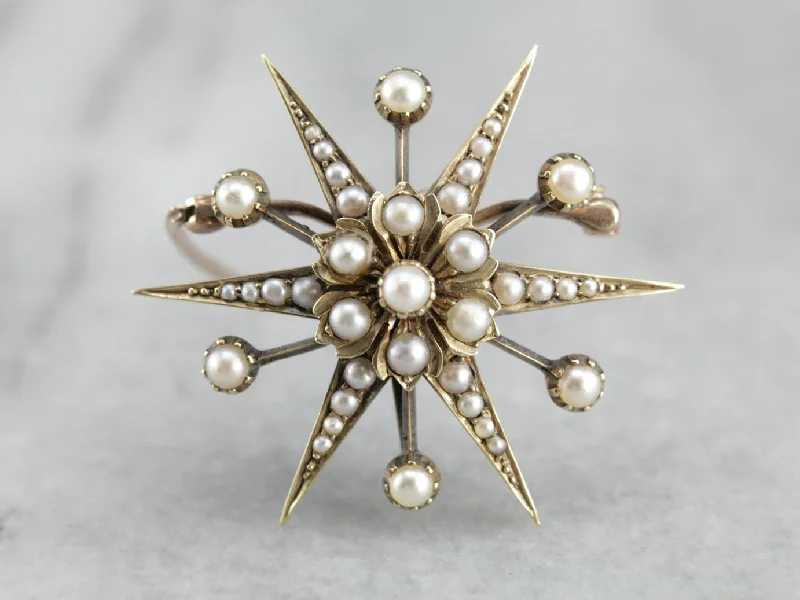 Gothic brooches and pins with dark stone vibes -Antique Seed Pearl Starburst Brooch