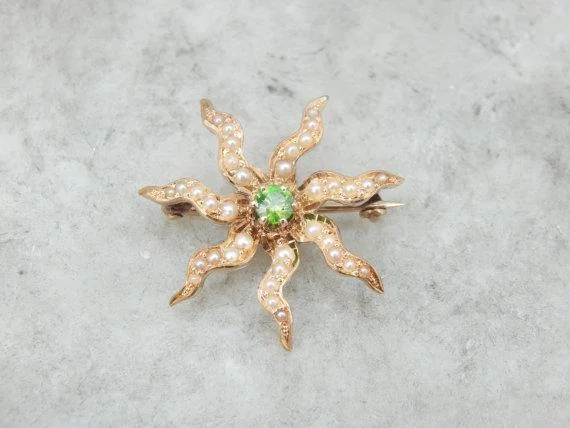 Geometric brooches and pins with sharp stone flair -Victorian Demantoid Garnet Seed Pearl Brooch