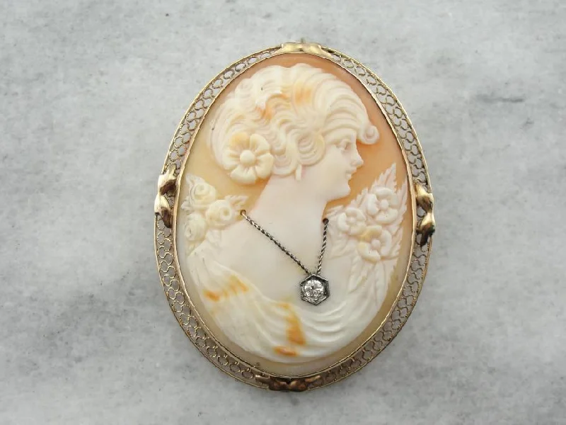 Brushed brooches and pins with rough stone texture -Antique Shell Cameo and Diamond Brooch or Pendant in Gold Frame