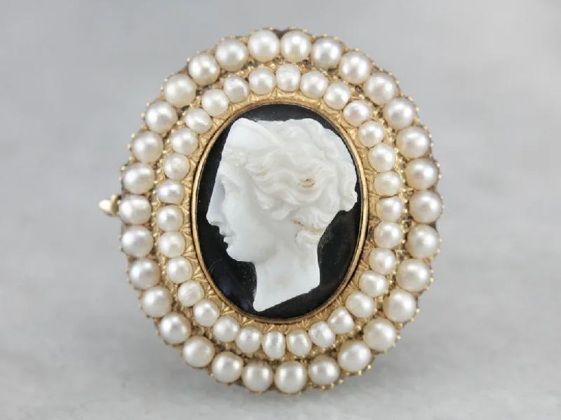 Gothic brooches and pins with dark stone vibes -Antique Victorian Onyx Cameo Seed Pearl Brooch