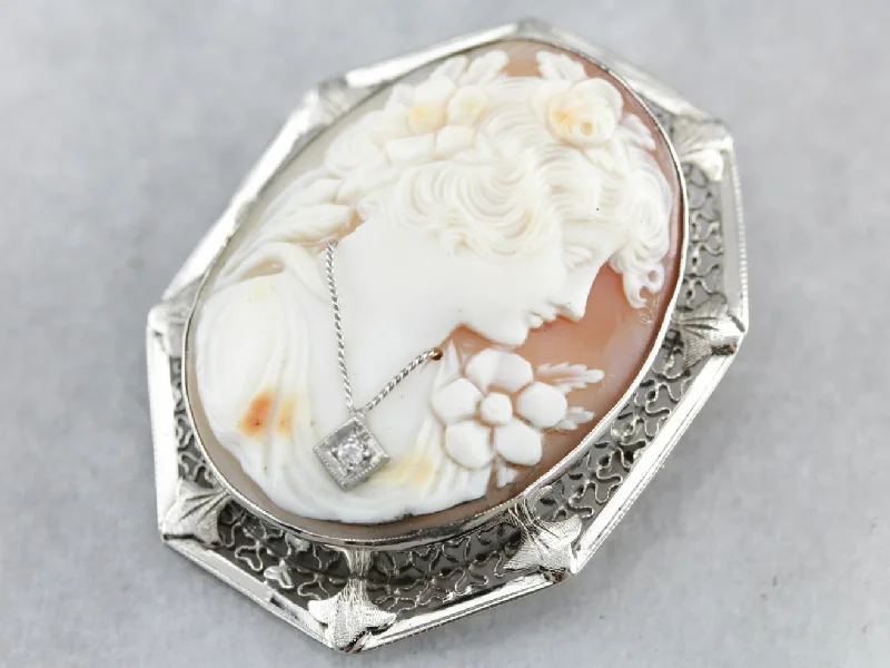 Budget brooches and pins under fifteen dollars -Art Deco Cameo Brooch or Pendant with Woman Wearing a Diamond Necklace