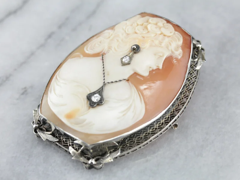 Brooches and pins inspired by nature with gems -Art Deco Diamond Cameo Brooch