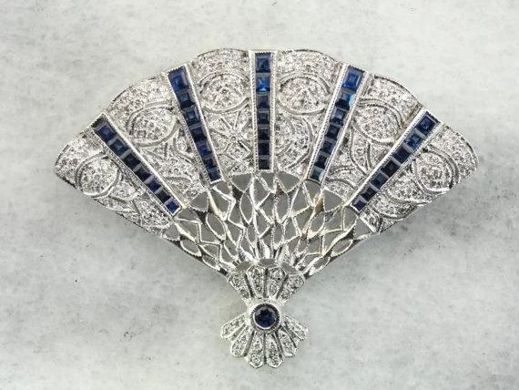 Trendy brooches and pins with modern stone shapes -Sapphire and Diamond Fan Brooch