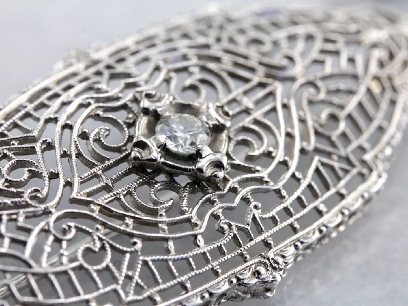 Large brooches and pins with bold stone designs -Art Deco Diamond White Gold Filigree Brooch