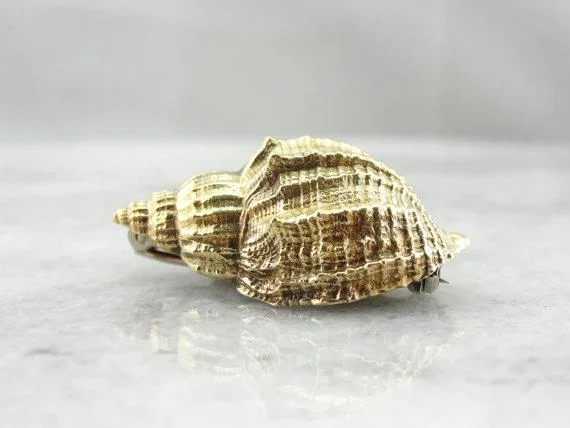 Charm brooches and pins with dangling stone accents -Detailed Gold Conch Shell Brooch