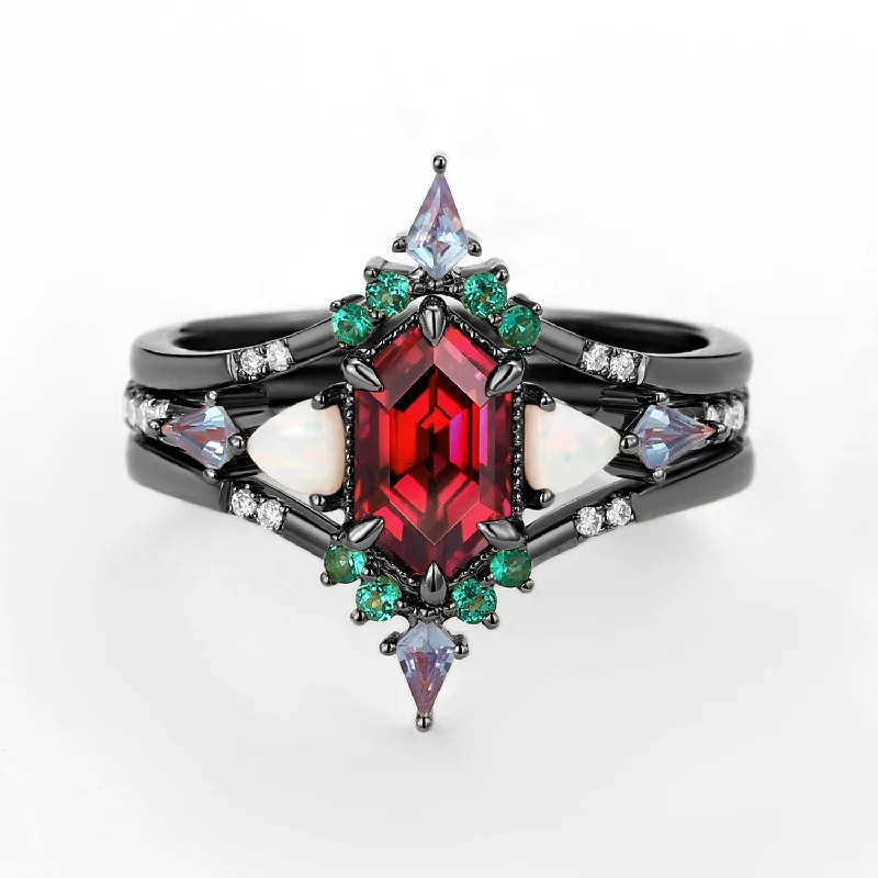 Drop rings with elongated gemstone elegance -Black Gold Long Hexagon Moss Agate & Opal & Alexandrite & Emerald Ring Set 3pcs - Max