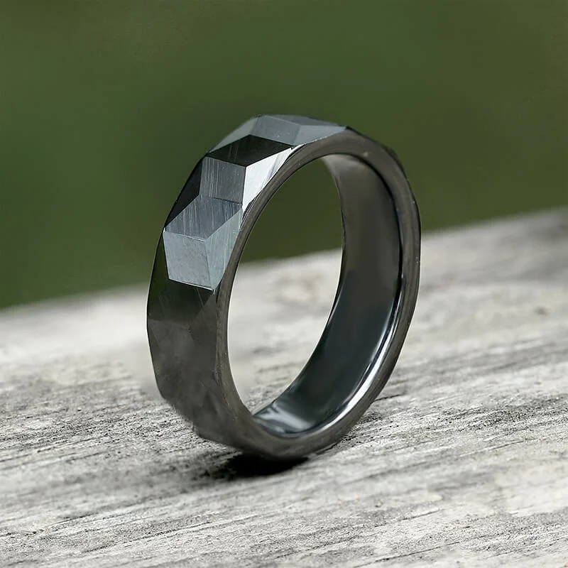 Rings inspired by vintage with gemstone flair -Black Polished Faceted Ceramic Band Ring